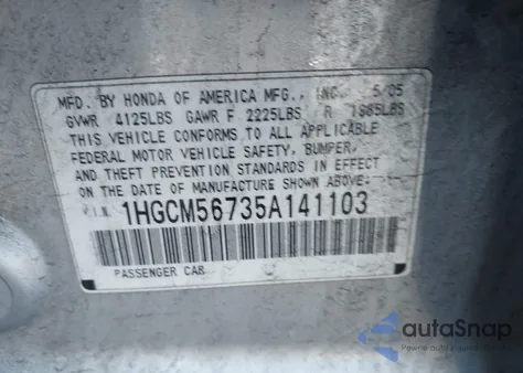 2005 Honda Accord 2.4 Ex из США, поврежденный, VIN 1HGCM56735A141103